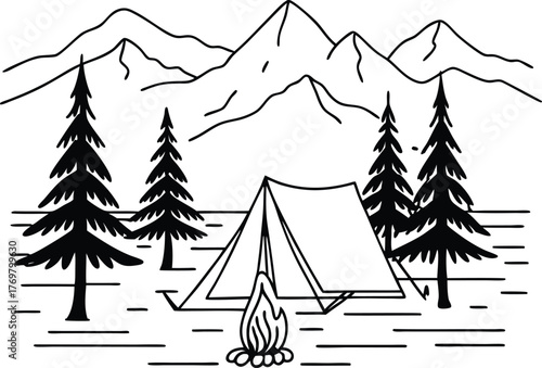 Rustic hand drawn sketch of a campsite scene with a tent campfire and majestic mountain range in the background