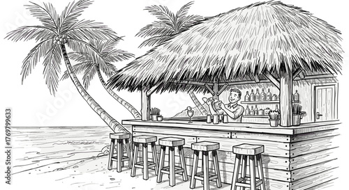 Hand-drawn sketch of a vibrant tropical beach bar with a thatched roof, featuring wooden stools lined up along the counter and a bartender preparing drinks, evoking a sense of vacation relaxation and