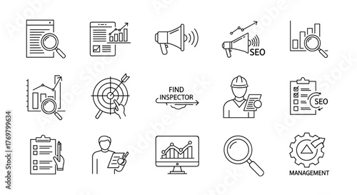 Set of white line icons on a black background, representing search, SEO, marketing, data analysis, research, monitoring, management, and inspection, perfect for business and technology concepts.