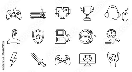 Set of clean, editable stroke outline icons related to video games, gaming, technology, gadgets, and esports, presented on a white background for versatile use in digital and print media, perfect for