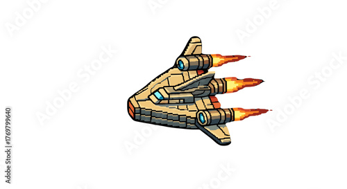 Retro pixel art spaceship with fiery exhaust trails, rendered in a classic arcade style, soaring through the vast expanse of starry space, evoking a sense of adventure and futuristic exploration