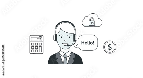 Smiling customer service agent wearing a headset, with a speech bubble saying "Hello!", accompanied by icons representing a calculator, a dollar sign, and a locked cloud, symbolizing finance, data
