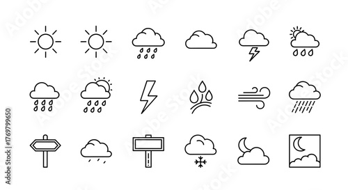Vivid and descriptive line icons set illustrating various weather phenomena including sun, rain, thunder storm, dew, wind, and snow cloud, presented as simple flat outline signs for web and mobile