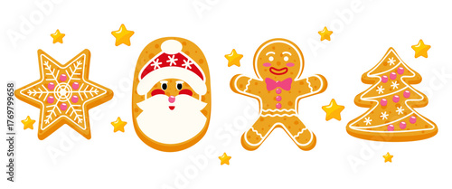 Set of decorated gingerbread cookies. Sweet New Year's baking. Christmas Star, Santa Claus, man, and Christmas tree, surrounded by yellow stars.