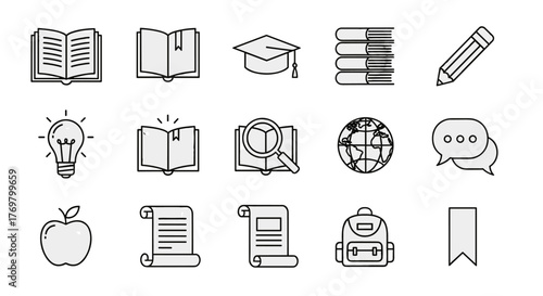 Collection of educational icons in a clean, modern line art style, featuring an open book, a stack of books, a graduation cap, a pencil, a lightbulb for ideas, a magnifying glass over a book, a
