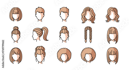 Collection of stylized female hairstyles, including bobs, updos, ponytails, braids, and curly styles, presented as clean vector icons on a black background, perfect for beauty and fashion branding.