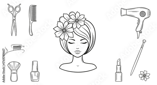 Elegant vector illustration featuring a stylized woman with flowers in her hair, surrounded by essential beauty salon tools including scissors, comb, hairdryer, makeup brush, lipstick, and nail