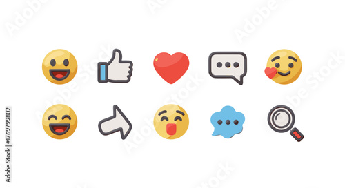 Collection of 3D social media icons and emojis, including a laughing face, thumbs up, heart, speech bubble, kissing face, arrow, surprised face, chat bubble, and magnifying glass, set against a black