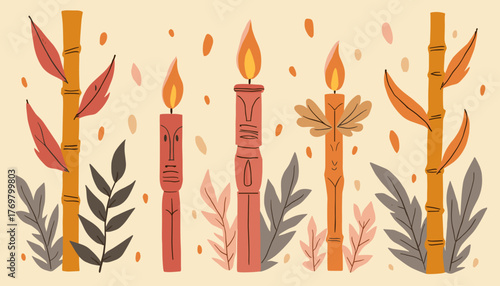 Colorful tiki torches made of bamboo illustration on beige background