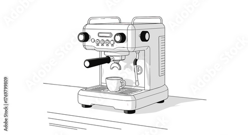 Striking black and white line drawing of a modern espresso machine with a small cup positioned perfectly for brewing a fresh cup of coffee, set against a dark background, evoking a sophisticated cafe