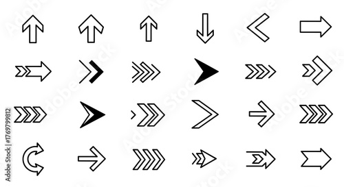 A comprehensive collection of arrow icons in various styles, including simple outlines, bold shapes, and directional indicators, presented in a clean vector format, perfect for web design, UI