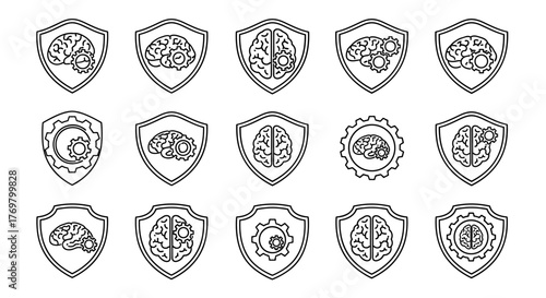 Collection of stylized shield icons featuring a brain integrated with cogwheels, symbolizing intelligence, technology, and mechanical processes, ideal for graphic design, web development, app