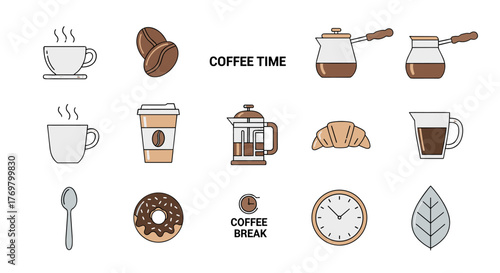 A collection of minimalistic coffee-themed icons and illustrations, perfect for web and graphic design, apps, banners, social networks, and cards. This vector cartoon illustration features elements