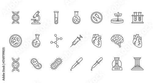 Biotechnology Line Icon Pack: A comprehensive set of editable stroke icons representing DNA, microscopes, test tubes, flasks, petri dishes, plant growth, cells, molecules, syringes, brains, hearts