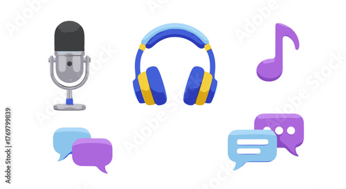 Vibrant 3D cartoon illustration of a podcast microphone, headphones, a music note, and chat bubbles, representing audio recording, music listening, and communication, presented as a clean, ordered