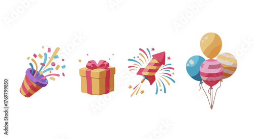 Vibrant 3D illustration set featuring a party popper exploding with confetti, a festive gift box with a ribbon, a colorful firework rocket, and a bunch of balloons, perfect for celebrating special