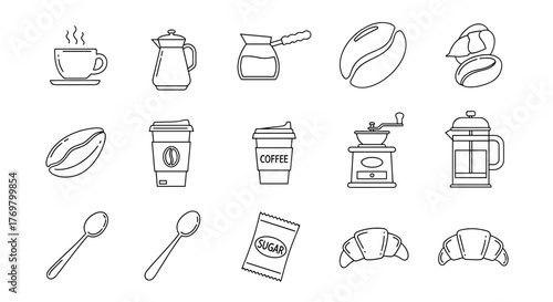 A collection of outline icons representing coffee time, perfect for graphic and web design, apps, adverts, and various cards. This vector cartoon illustration set includes a steaming cup, coffee