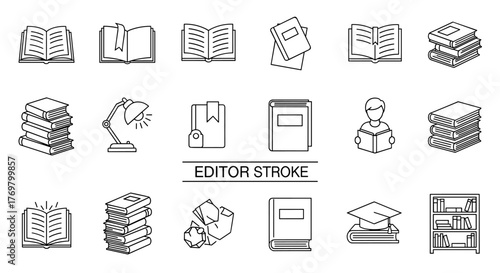 Collection of outline icons representing books and reading, featuring open books, stacked books, a reading lamp, a person reading, a graduation cap on books, and a bookshelf, all with editable stroke
