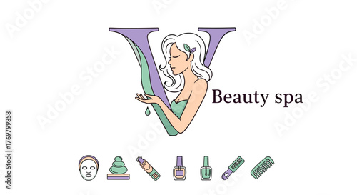 Elegant logo for a beauty spa featuring a stylized letter V with a serene woman's profile, accented by spa treatment icons like massage stones, nail polish, and a comb, symbolizing relaxation and