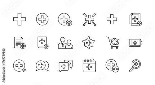 Collection of Plus Sign Related Line Icons, Outline Signs for Graphic and Web Design, Apps, Adverts, Various Cards, Vector Cartoon Illustration with a White Outline on Black Background, Symbolizing