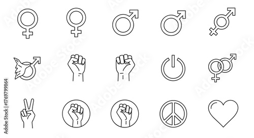 Collection of Outline Symbols Representing Gender, Feminism, Solidarity, and Peace, Drawn with Thin Lines. Ideal for Apps, Websites, Banners, Infographics, and Diverse Design Projects.