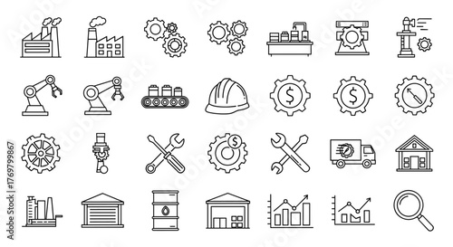 Collection of outline symbols representing factory and manufacturing processes, including gears, robotic arms, hard hats, tools, and delivery trucks, all rendered with thin lines on a black