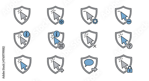 Collection of 12 outline icons featuring a cursor within a shield, each with a distinct symbol representing actions like adding, deleting, information, settings, questions, and security, perfect for