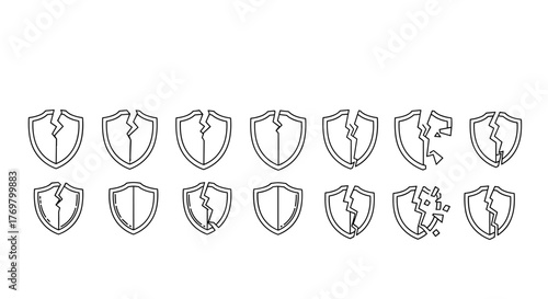 Collection of twelve cracked shield icons in a simple, thin-line vector cartoon style, presented on a clean white background, showcasing various stages of damage and integrity for security or