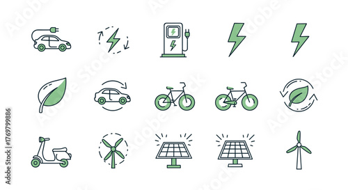 Eco-friendly electric vehicle icon line collection with trendy style vector design with editable stroke, ordered line icon set on white background, representing sustainable transportation and