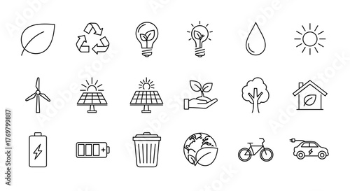Eco-friendly thin line icon set in minimal style, featuring linear ecology icons for environmental sustainability with simple symbols and editable strokes, representing a clean and green future