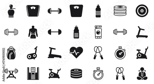 Vivid collection of gym and fitness icons, encompassing healthy lifestyle elements, weight training equipment, body care symbols, and workout or exercise machines, presented as a solid vector icon