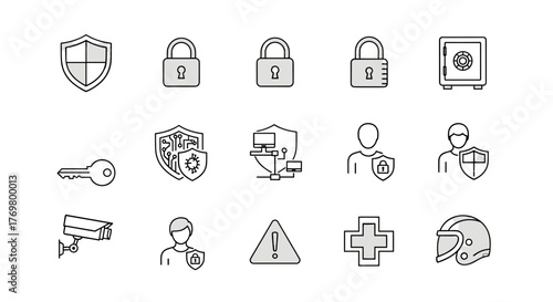 Safety and security thin line icons set, editable stroke, vector illustration for website, marketing design, logo, app, template, UI, and more. Includes shield, padlock, key, safe, surveillance