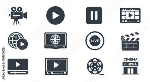 Comprehensive video icon set featuring a vintage camera, play, pause, media player, online video, live streaming, film production clapperboard, movie reel, and cinema building icons, presented as a