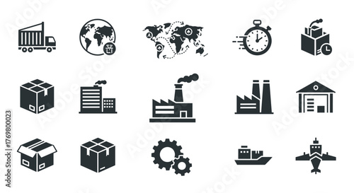 Comprehensive supply chain and logistics icon set, featuring shipping, delivery, product distribution, factory, warehouse, boxes, industry, and global shipment symbols, presented in a solid, modern