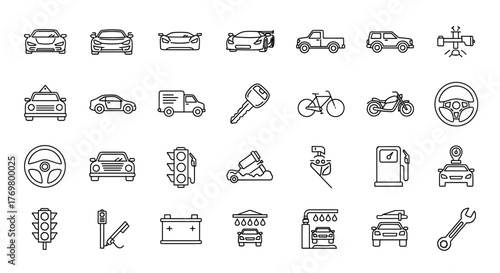 Collection of clean, white line art icons representing various vehicles and automotive elements on a black background, including cars, trucks, motorcycles, bicycles, steering wheels, traffic lights