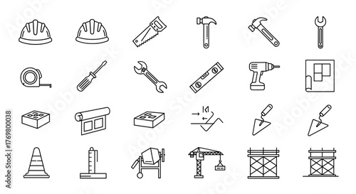 Collection of line art icons representing various construction and architecture tools and equipment, including hard hats, hammers, wrenches, screwdrivers, tape measures, drills, concrete mixers