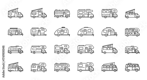 Collection of minimal camper and RV vector icons for outdoor and travel graphic design projects with a clean line art style, featuring various recreational vehicles like motorhomes, travel trailers