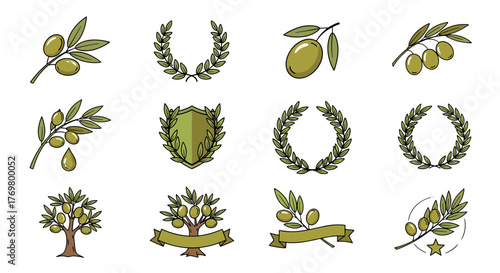 Collection of olive branch logos and badges, featuring olive trees, wreaths, and shields, presented as cartoon illustrations with a clean, modern aesthetic, perfect for branding and design projects.