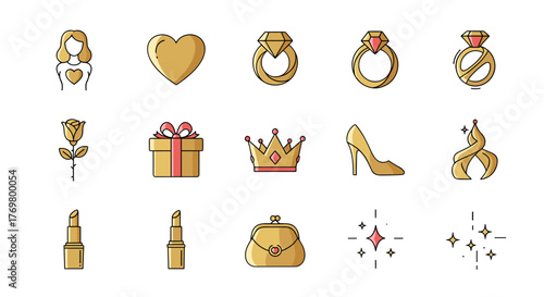 Golden Icons Set: A Collection of Elegant Symbols Representing Love, Luxury, and Femininity, Including a Woman Silhouette, Heart, Rings, Rose, Gift Box, Crown, High Heel Shoe, Lipstick, Purse, and