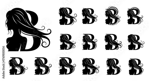 Elegant initial letter B silhouette of a woman with flowing beauty hair, depicted in a vector cartoon illustration style on a clean white background, creating a visually striking and ordered