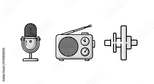 Set of three cartoon vector illustrations: a vintage microphone on a stand, a retro radio with an antenna and dials, and a modern audio equalizer or sound mixer control panel, presented on a clean