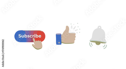 Engaging 3D animation of a "Subscribe" button being pressed, a "Like" icon with a thumbs-up gesture, and a "Bell" notification icon, all presented on a vibrant green screen background, perfect for