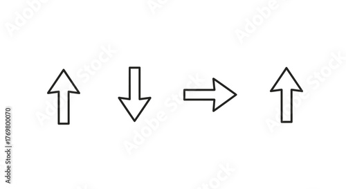 Collection of outline arrows pointing up, down, right, and left, presented on a black background. This editable stroke vector graphic is ideal for infographics, articles, books, flyers, and banners