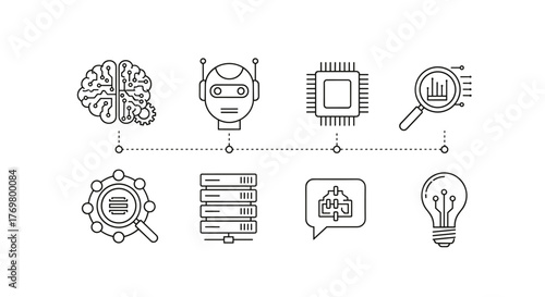 Artificial intelligence icons in a linear style, representing concepts like brain, robot, CPU, data analysis, servers, communication, and innovation, perfect for mobile and web design, symbolizing