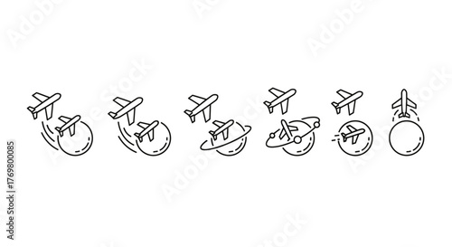 Collection of simple linear airplane icons illustrating flight paths and global travel, featuring planes flying over planets and around orbits, perfect for web, apps, and print designs, with editable