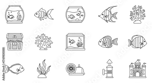 Collection of outline icons representing aquarium elements, including fish, coral, treasure chest, and castle, suitable for graphic and web design, apps, adverts, and various cards. This ordered set