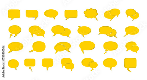 Collection of 30 yellow speech bubbles and thought bubbles in various shapes and sizes, isolated on a black background, perfect for graphic design, communication, and creative projects. This set