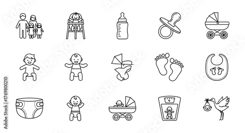 Collection of thin line icons representing family and baby essentials, including a family silhouette, baby in high chair, feeding bottle, pacifier, stroller, baby, footprints, bib, diaper, baby on