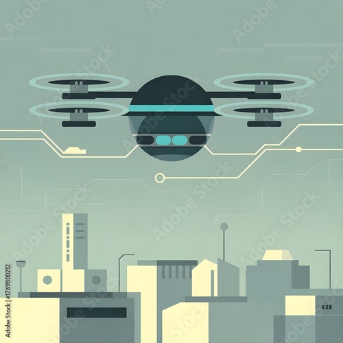 Flat vector illustration of a futuristic drone flying above a modern smart city skyline, representing innovation, technology, automation, and urban aerial delivery in minimalist geometric design