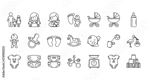 A comprehensive collection of line art icons depicting family, baby, and infant-related themes, perfect for graphic and web design, apps, adverts, and various cards. This vector cartoon illustration